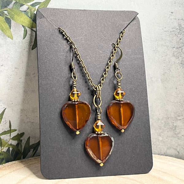 Burnt orange heart pendant and earrings set