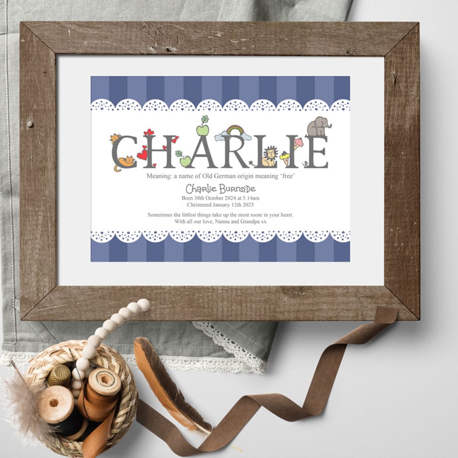 Personalised Name Meaning Alphabet Print, Dark Blue, christening baby gift