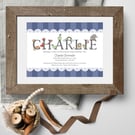 Personalised Name Meaning Alphabet Print, Dark Blue, christening baby gift