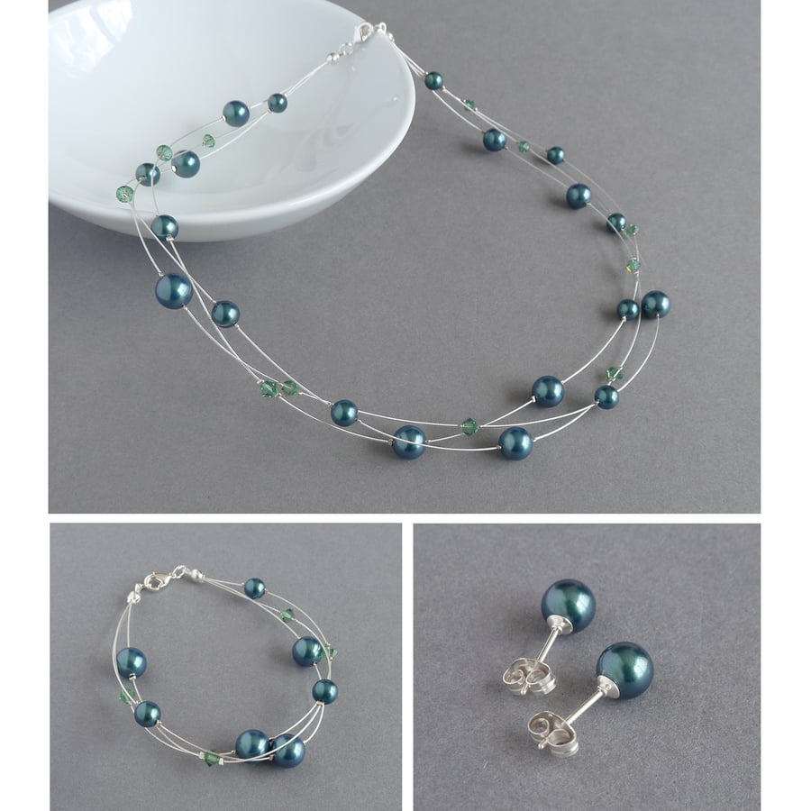 Dark Green Jewellery Set - Petrol Floating Pearl Necklace, Bracelet and Earrings