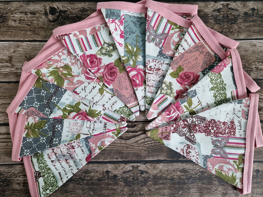 Pink and Grey French Shabby Chic Double Sided Handmade Fabric Bunting
