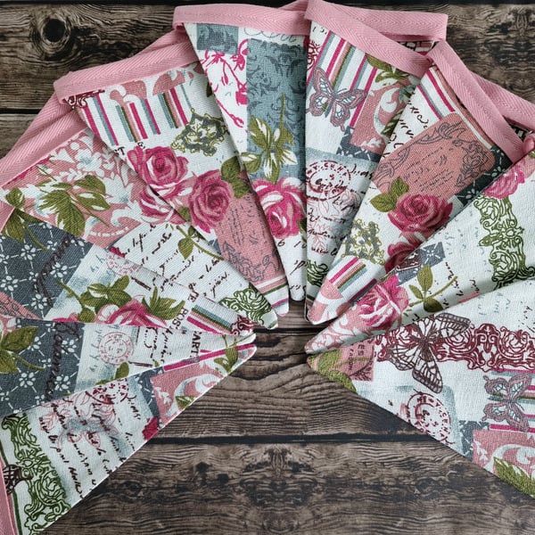 Pink and Grey French Shabby Chic Double Sided Handmade Fabric Bunting