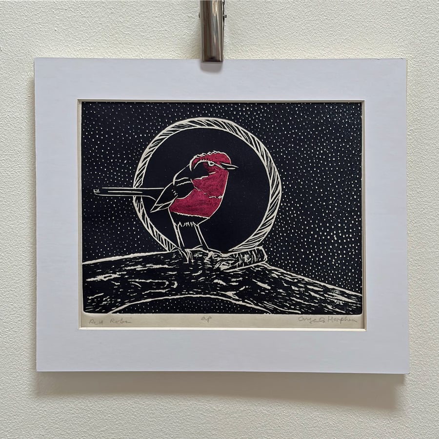 Red Robin Hand Printed Linocut with Pearlised Watercolour