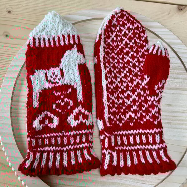 Hand Knitted Mittens Swedish Dala Horse Inspired 