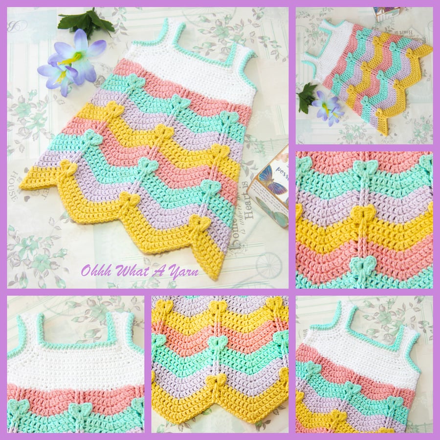 Pastel zig zag and hearts baby dress. Crochet dress. Sun dress. 6-12 months