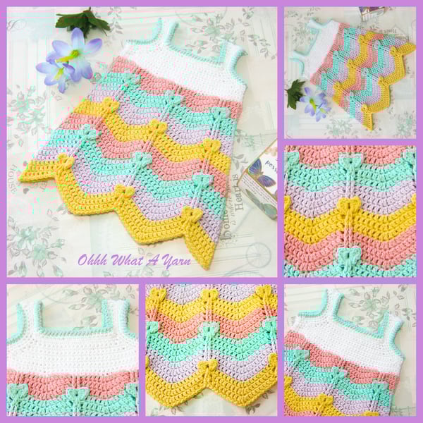 Pastel zig zag and hearts baby dress. Crochet dress. Sun dress. 6-12 months