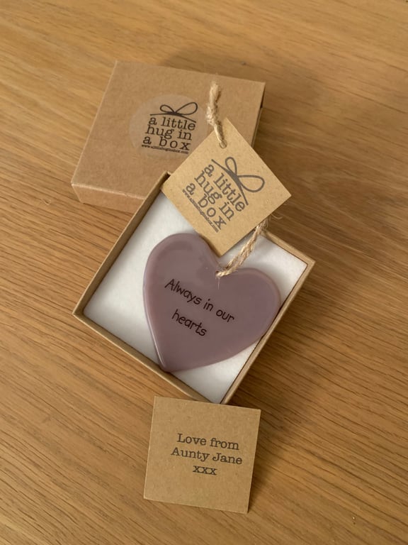 A little hug in a box mauve heart "Always in our hearts"
