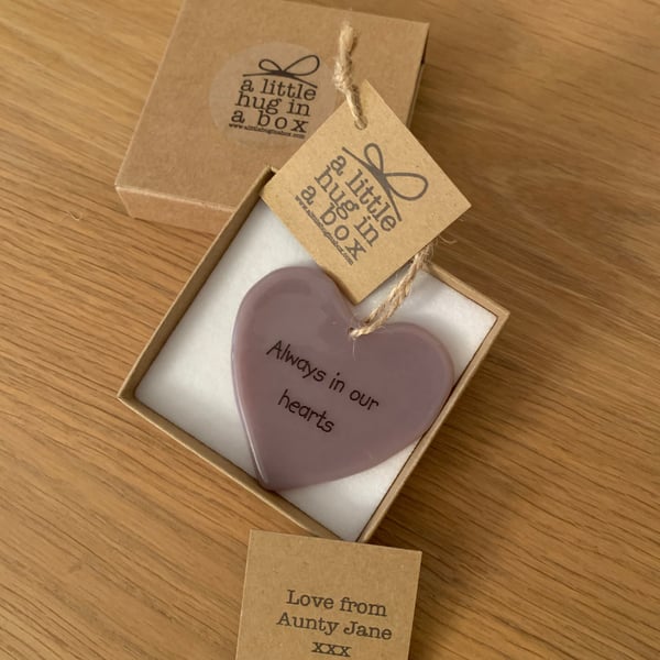 A little hug in a box mauve heart "Always in our hearts"