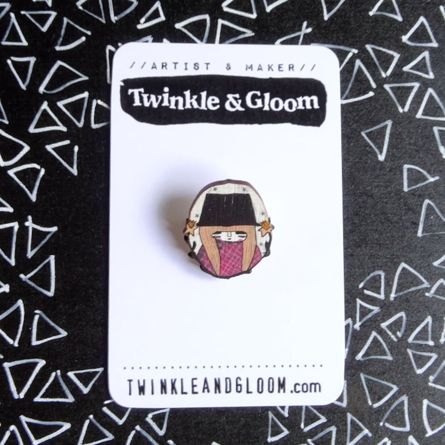 Dinky Printed Wood Brooch- Magic Welsh Lady