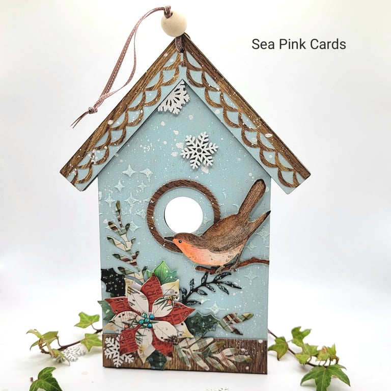 Christmas Birdhouse Ornament - Hanging Decoration, Robin, Poinsettia, Gift