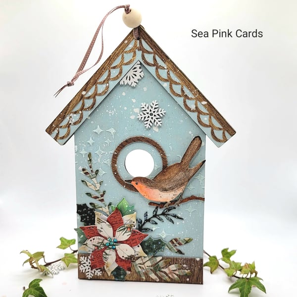 Christmas Decoration - Birdhouse Hanging Ornament, Gift, Robin, Poinsettia