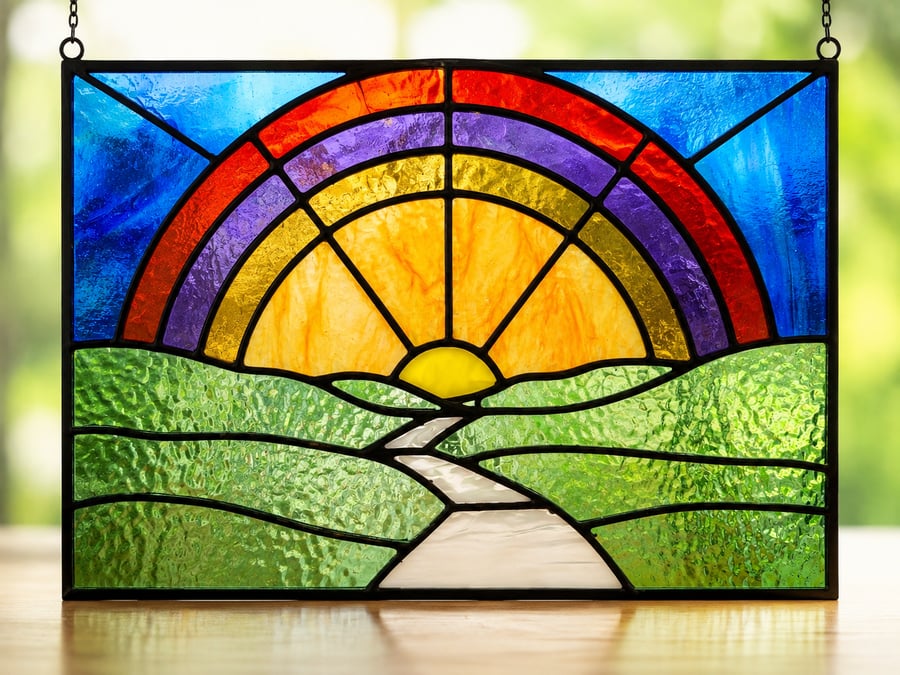 Handmade Stained Glass Rainbow & Sunset Landscape Panel