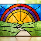 Handmade Stained Glass Rainbow & Sunset Landscape Panel