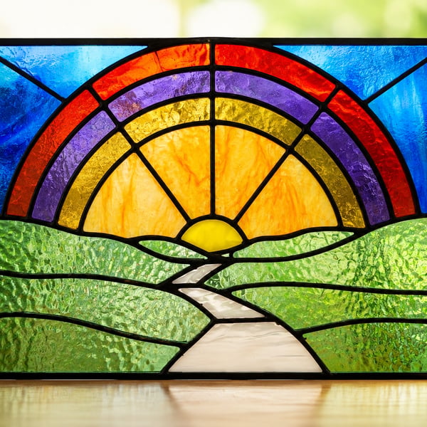 Handmade Stained Glass Rainbow & Sunset Landscape Panel