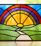 Handmade Stained Glass Rainbow & Sunset Landscape Panel - Image 1