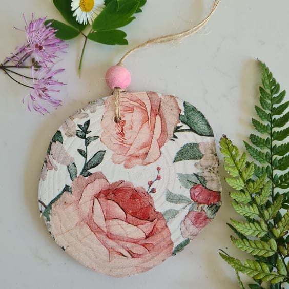 Pink rose wood slice hanging decoration home decor