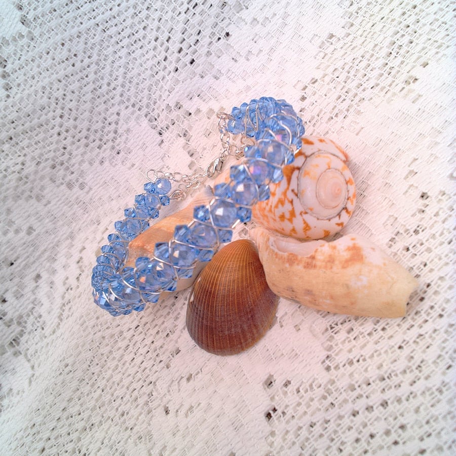 Crystal and Memory Wire Cuff With Safety Chain, Cuff Bracelet, Crystal Bracelet