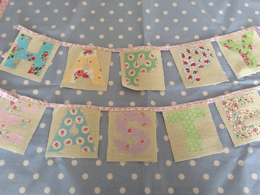 Easter  bunting,banner with pale pink floral bias bunding