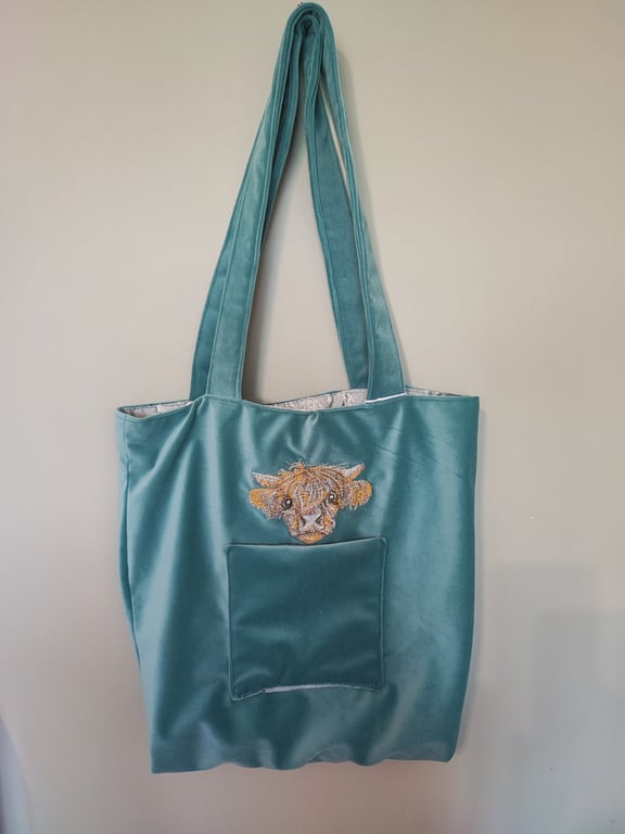 Tote Bag, Teal  colour with Highland Cow embroidery