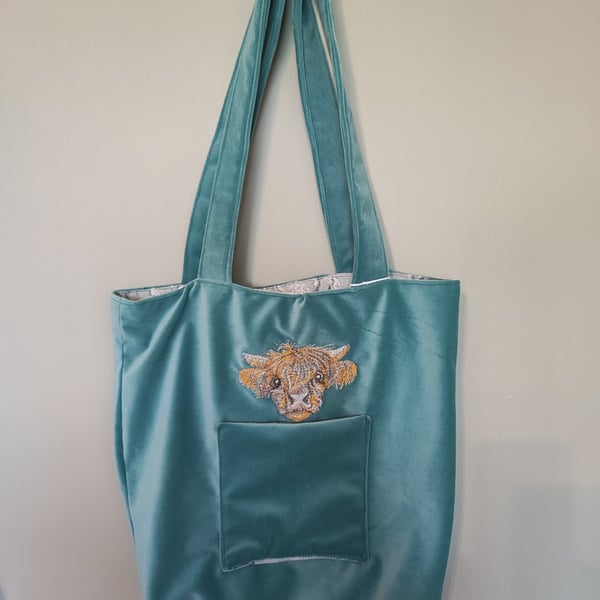 Tote Bag, Teal  colour with Highland Cow embroidery