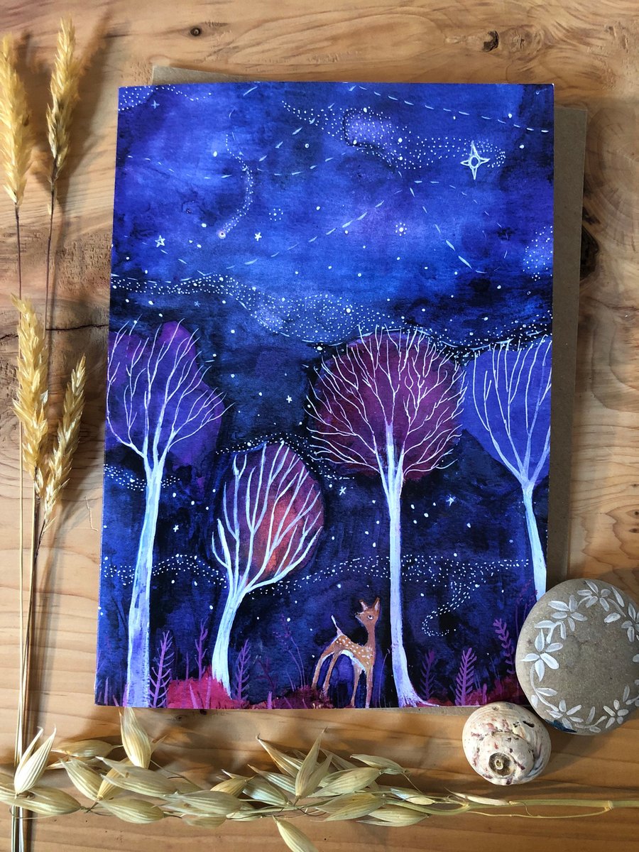 ArtGreeting card - 5x7 card - Recycled card stock - Deer - constellations - cosm