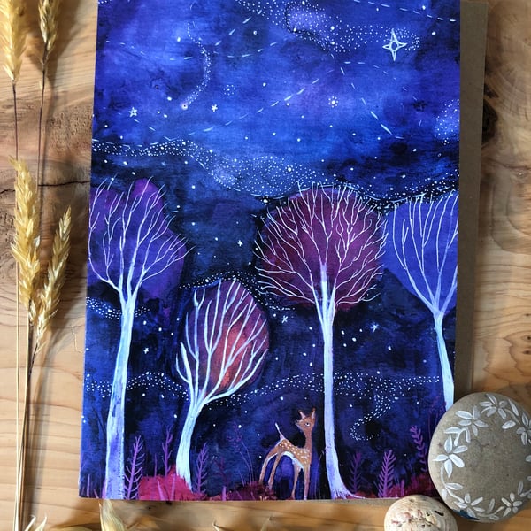 ArtGreeting card - 5x7 card - Recycled card stock - Deer - constellations - cosm