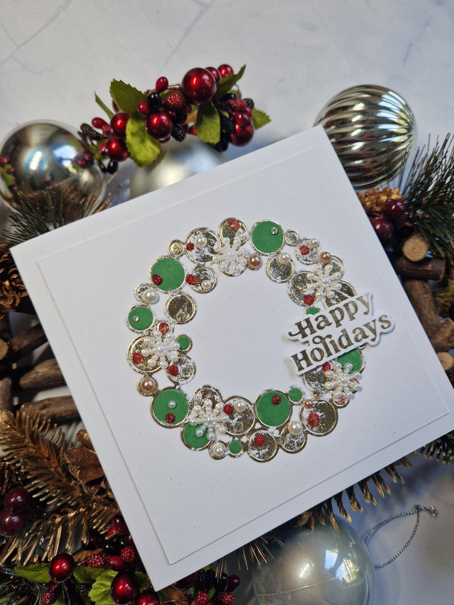 Festive bauble wreath Christmas card ("Happy Holidays")