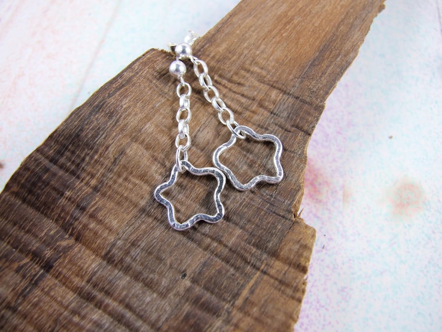 Earrings, Sterling Silver, Hammered Open Wire Star Droppers