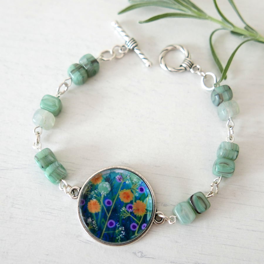 Mint Green Bracelet with Flowers, Meadow, Floral Art Pendant 
