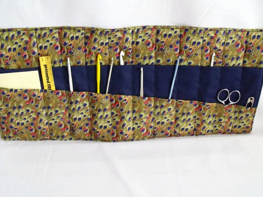 quilted crochet hook storage roll, animal print fabric