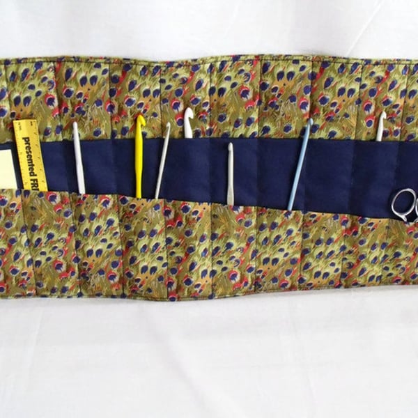quilted crochet hook storage roll, animal print fabric