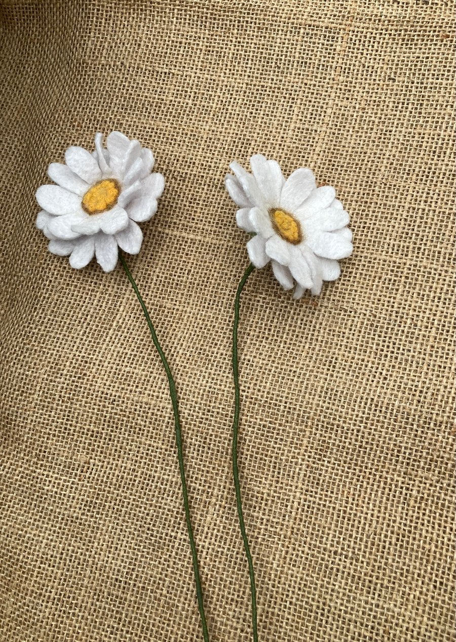 Two white needle felted daisy stems.