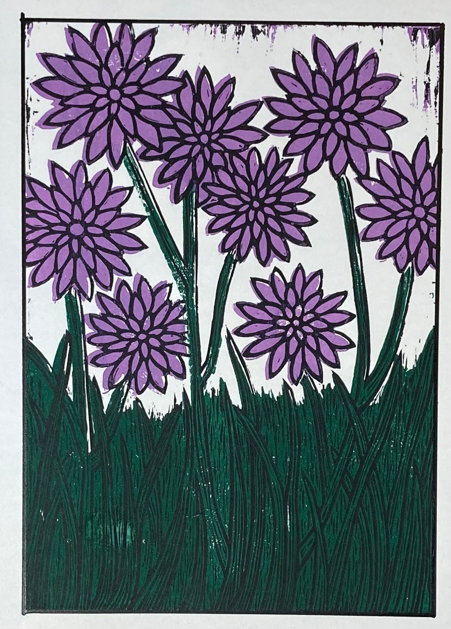 Dahlia Flower Garden, Lino Print 'Perfectly Imperfect'