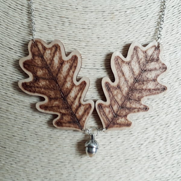 Pyrography wooden oak leaves and tibetan silver acorn pendant