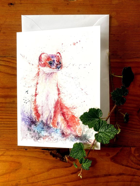 Stoat Card, A5 blank greeting card with a watercolour Stoat design
