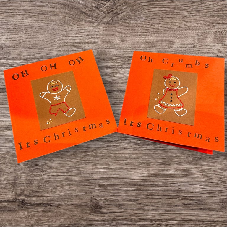 Christmas cards, 2 pack gingerbread people. Humorous funny embroidered cards