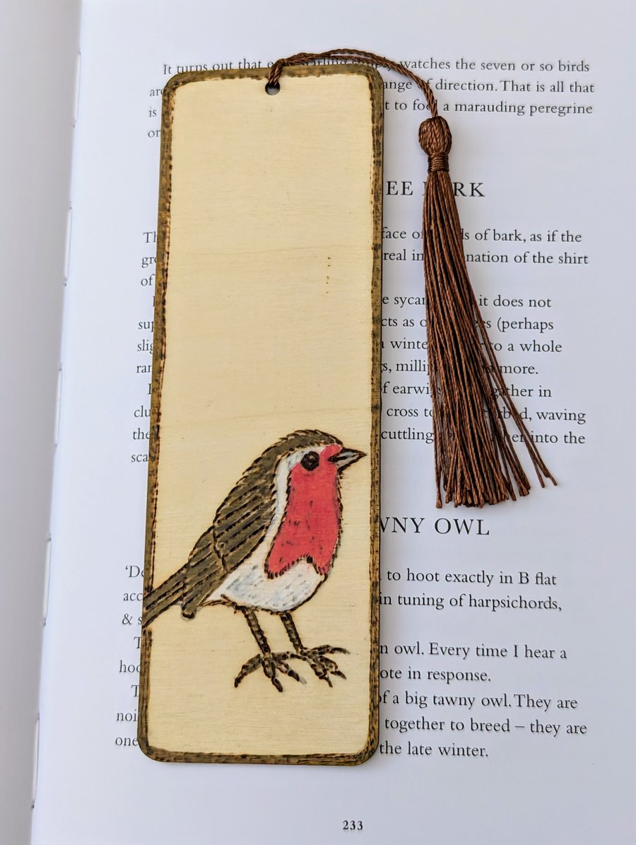 Robin pyrography bookmark, wooden, gift for a bird lover 