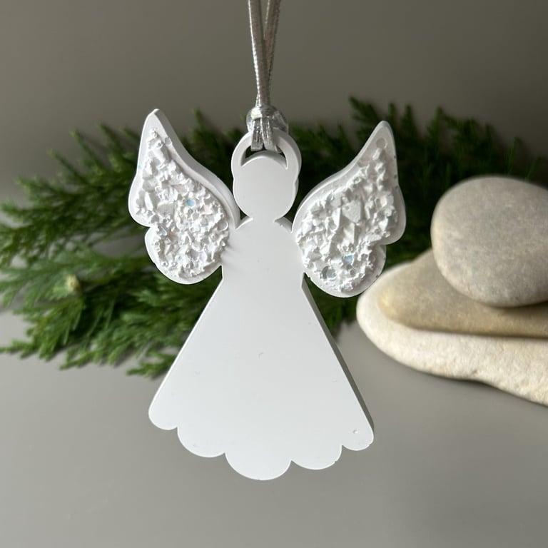 Handmade Eco Resin White Angels with Drusy Wings – Christmas Hanging Decoration
