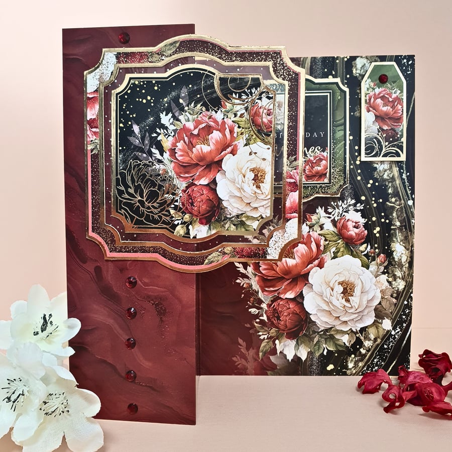 Birthday Wishes Floral Card For Her, With Red & White Peony Flowers