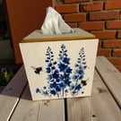 Handmade blue delphiniums & bumble bees floral cube tissue box cover