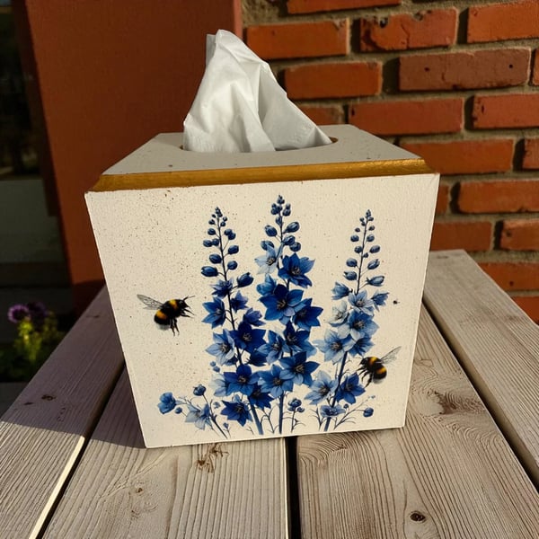 Handmade blue delphiniums & bumble bees floral cube tissue box cover