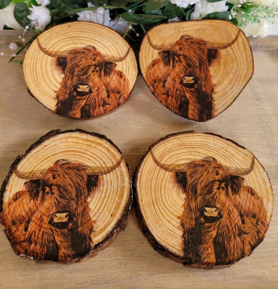 Decoupage Wood Slice Highland Cow Coasters