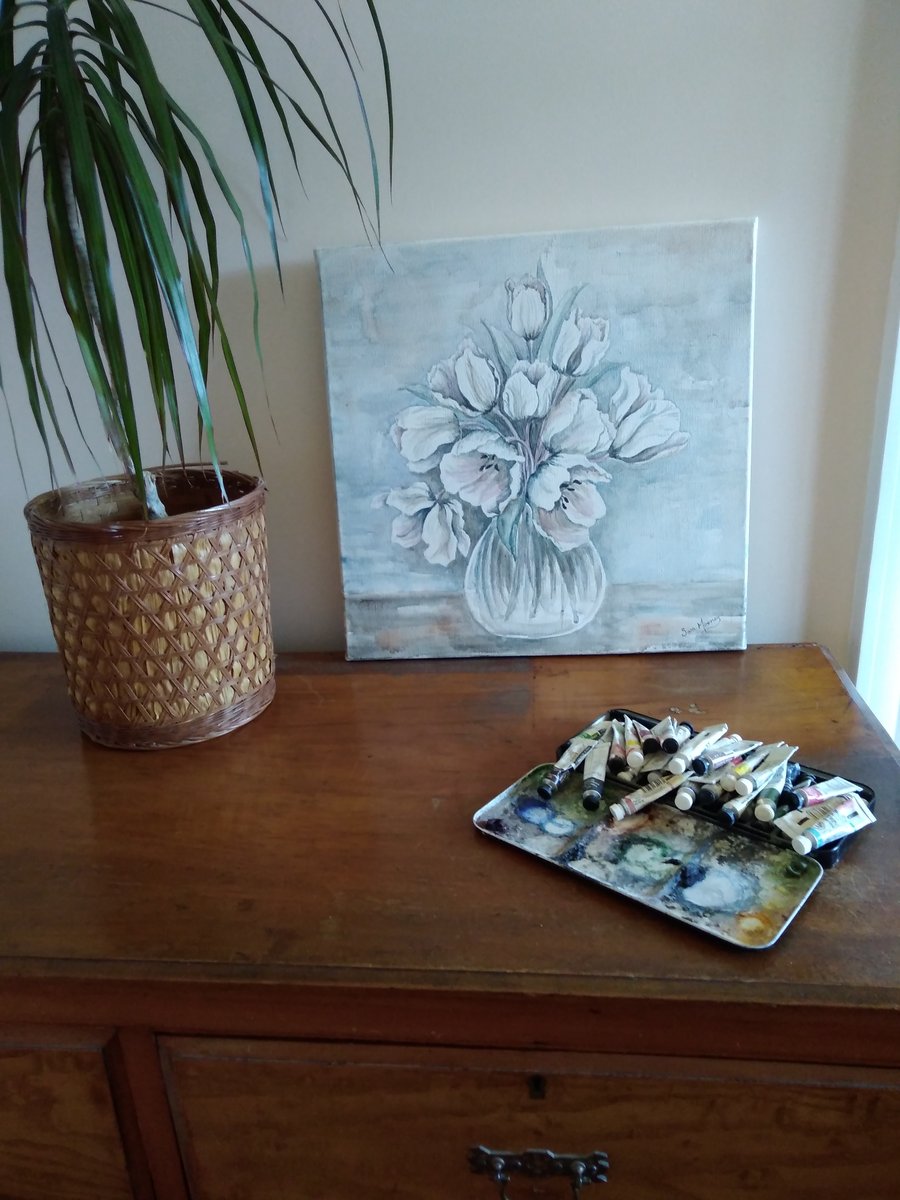 White and pink tulips in glass vase original watercolour on canvas