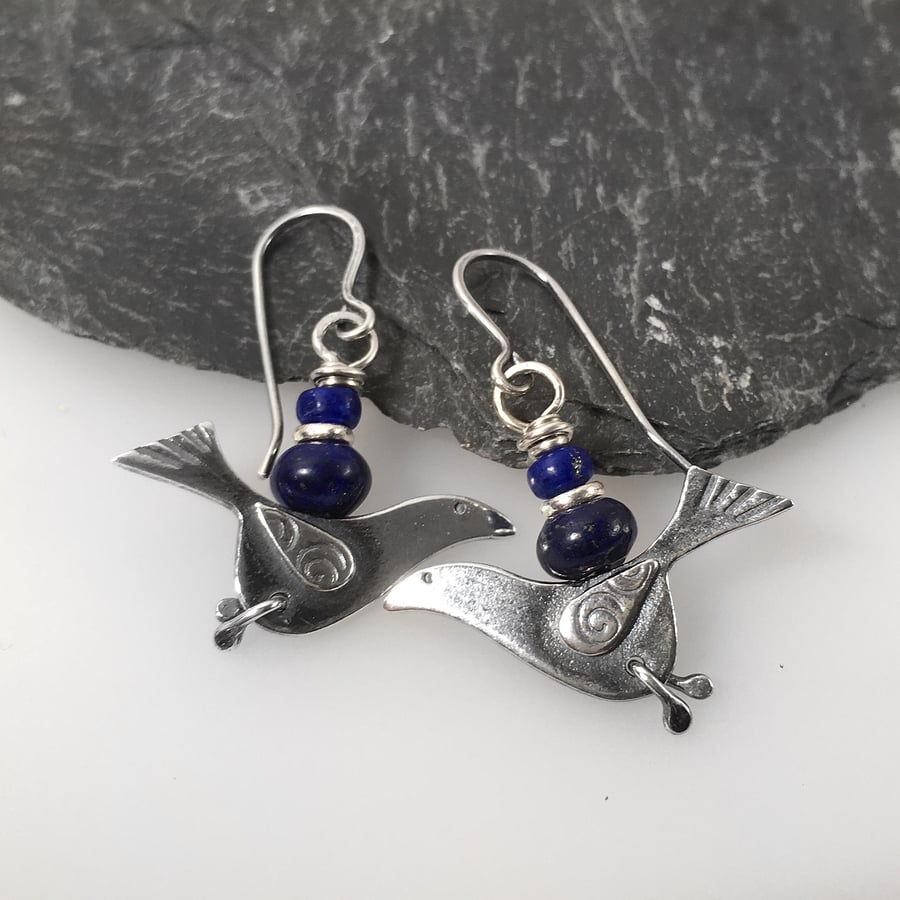 silver bird earrings with Lapis lazuli