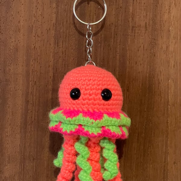 Neon Orange crochet jellyfish - amigurumi travel fidget bag keyring accessory