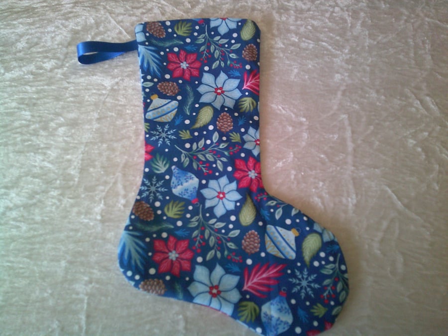 Poinsettia, Baubles and Pine Cones on Blue 10.5 inch Stocking