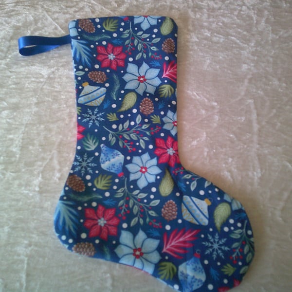 Poinsettia, Baubles and Pine Cones on Blue 10.5 inch Stocking