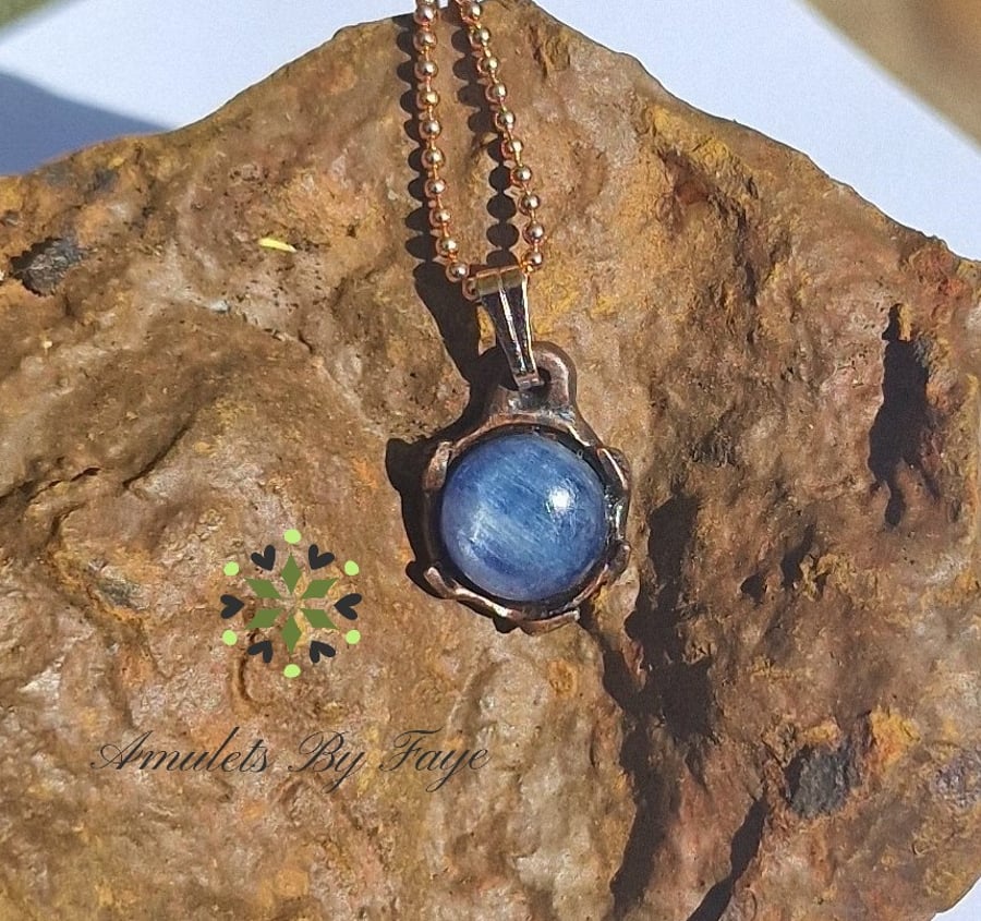Recycled Copper, Round Leafy Pendant with A Quality Kyanite Gemstone Necklace.