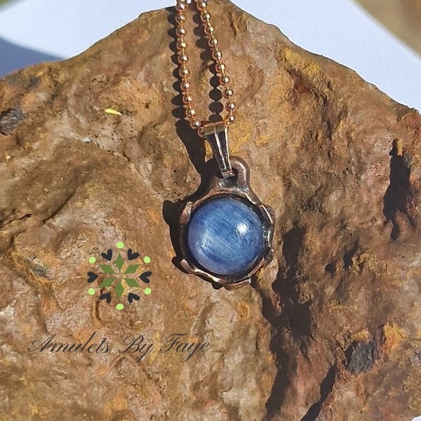 Recycled Copper, Round Leafy Pendant with A Quality Kyanite Gemstone Necklace.
