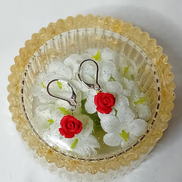 Carved Cinnabar Rose Earrings